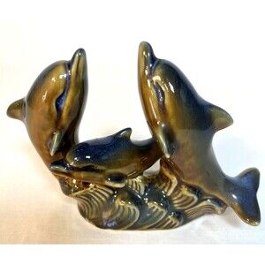 Glazed Pottery School of Dolphins Blue Green Ocean Art